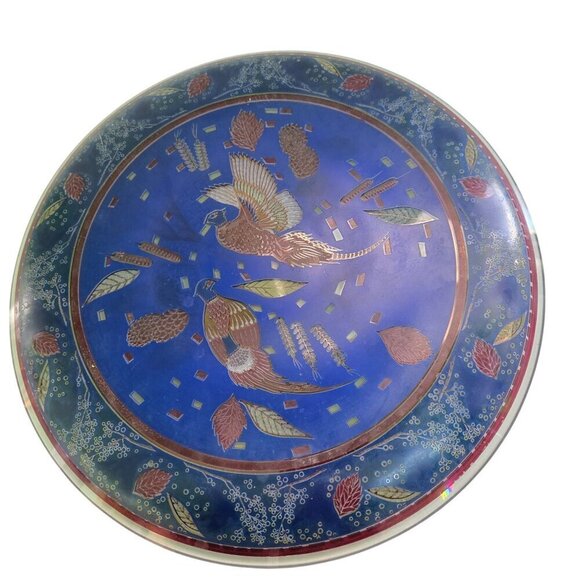 Vintage Houze Glass Pheasant Design Blue Gold Raised Pattern 11" Round MCM - Picture 2 of 5